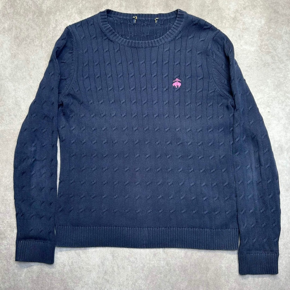 Brooks Brothers Navy Blue Cable Knit Cotton Crew Neck Sweater Pink Logo Large
